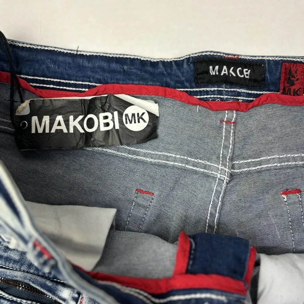 MAKOBI‎ Alki Biker Jeans Mens 44X32 M1757 Vintage Light Wash Moto Distressed NWT